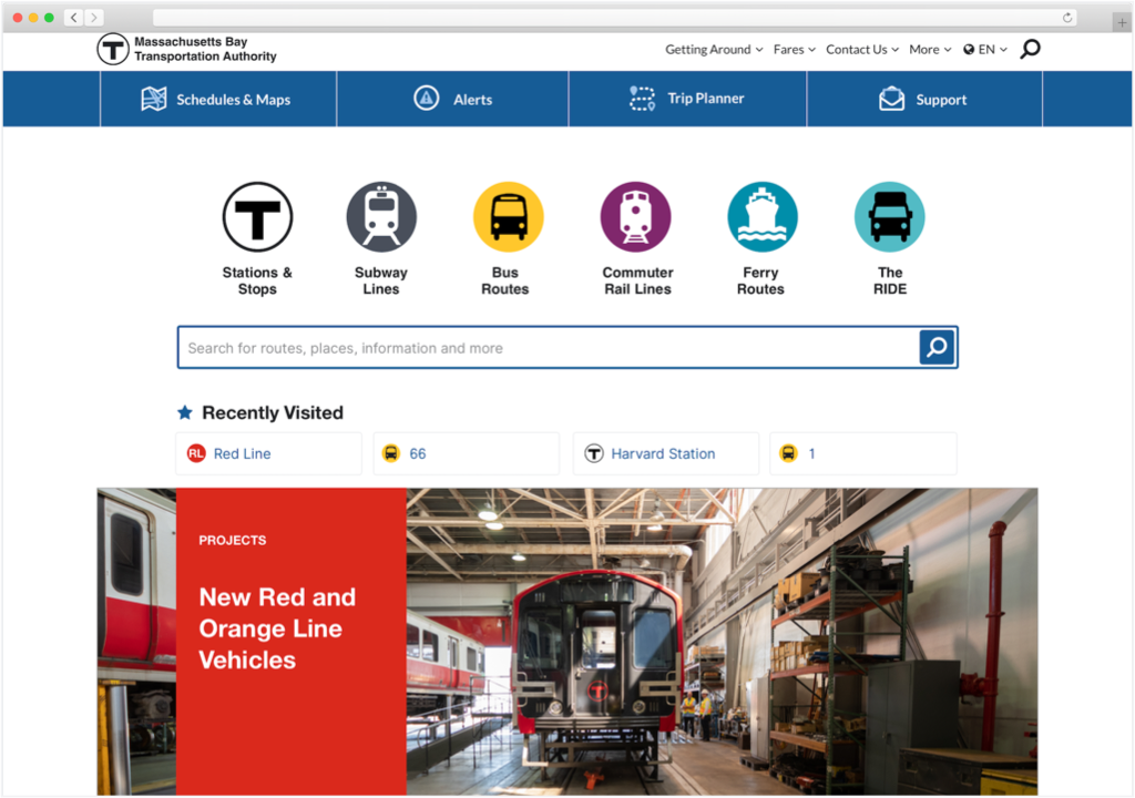 Screenshot of mbta.com homepage